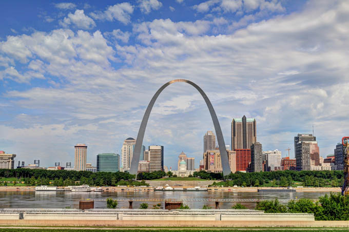 Skyline of Downtown Saint Louis, Missouri showing the Arch