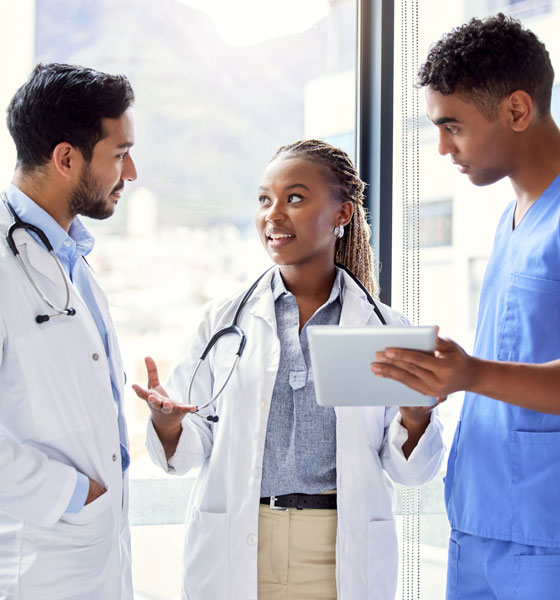 Female doctor explaining something to two male doctors